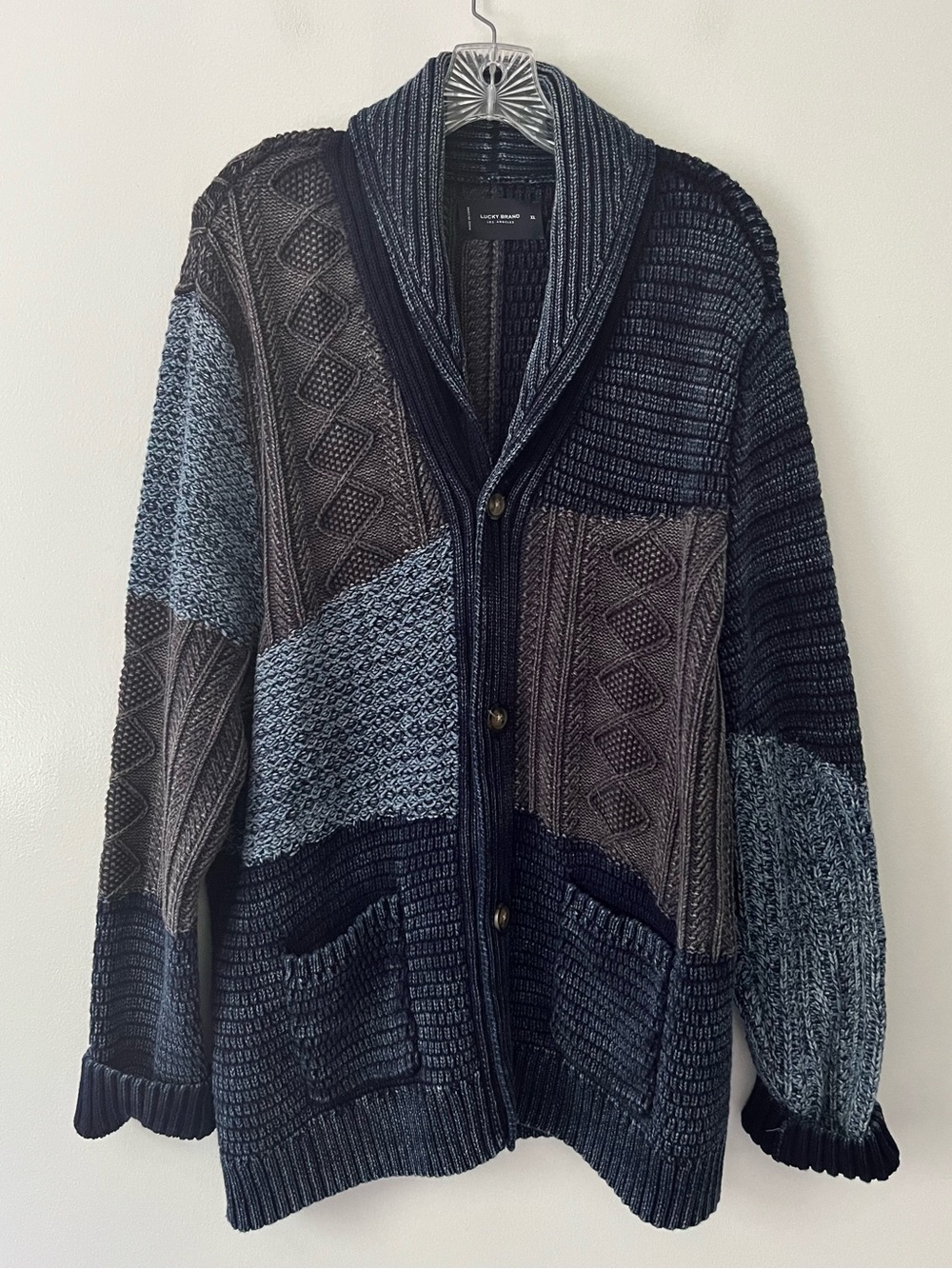Lucky Brand Patchwork Cable Knit Chunky Shawl Cardigan Sweater Fisherman Blue XL